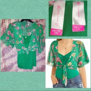 No Boundaries Grn/Multiclr Combo Floral Flounce Slv Crop Top/Shrug & Cami XXL/19